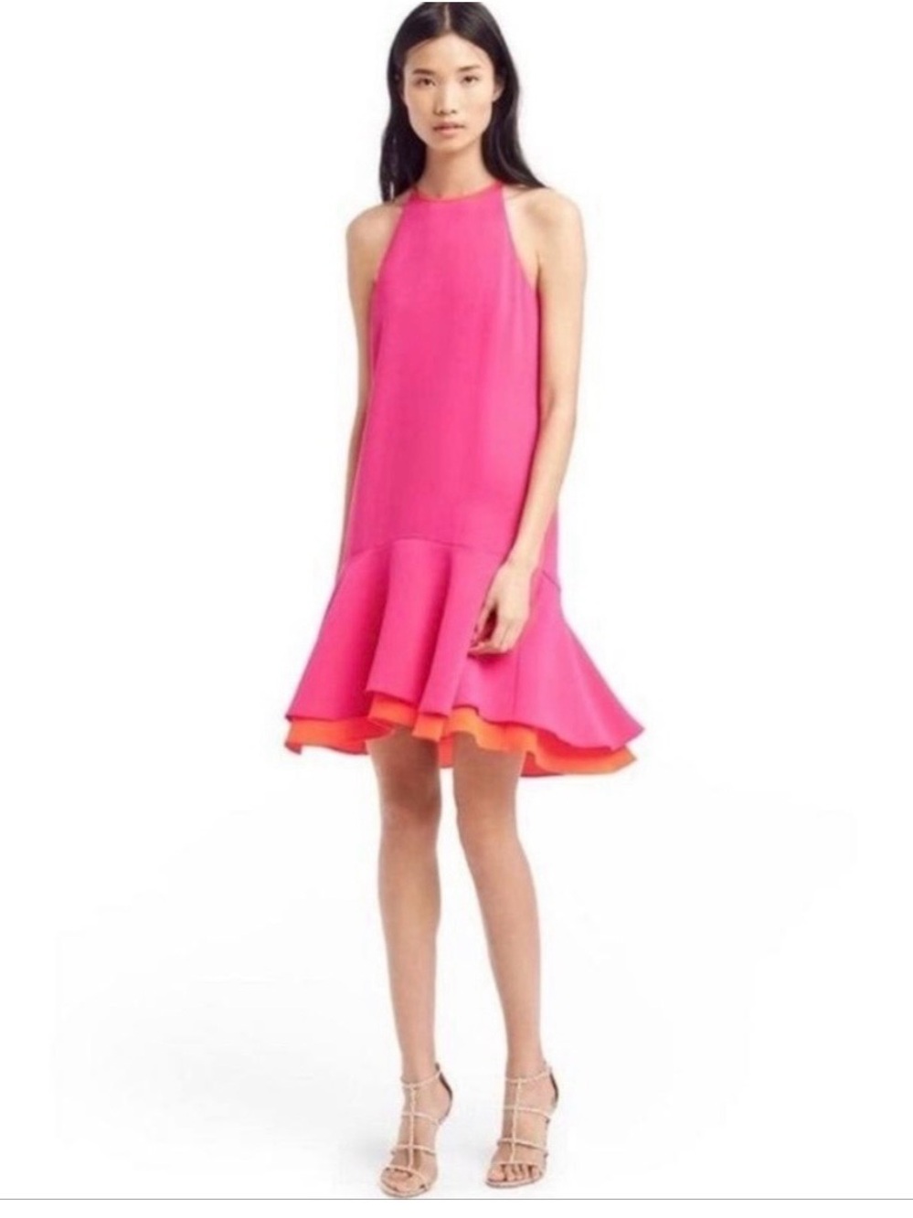 Diane Von Furstenberg Hot Pink Halter Dress with Orange Ruffle